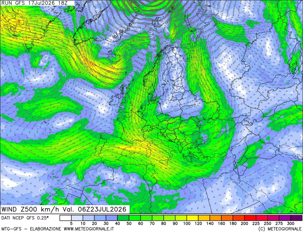mappa 500 hPa Vento forza e direzione