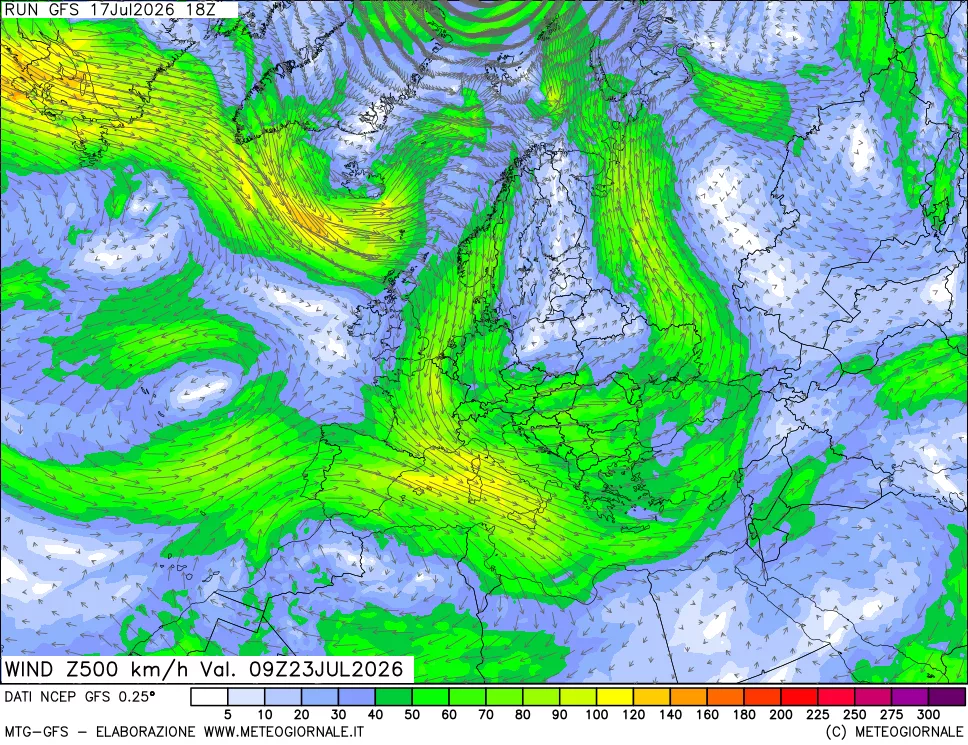 mappa 500 hPa Vento forza e direzione