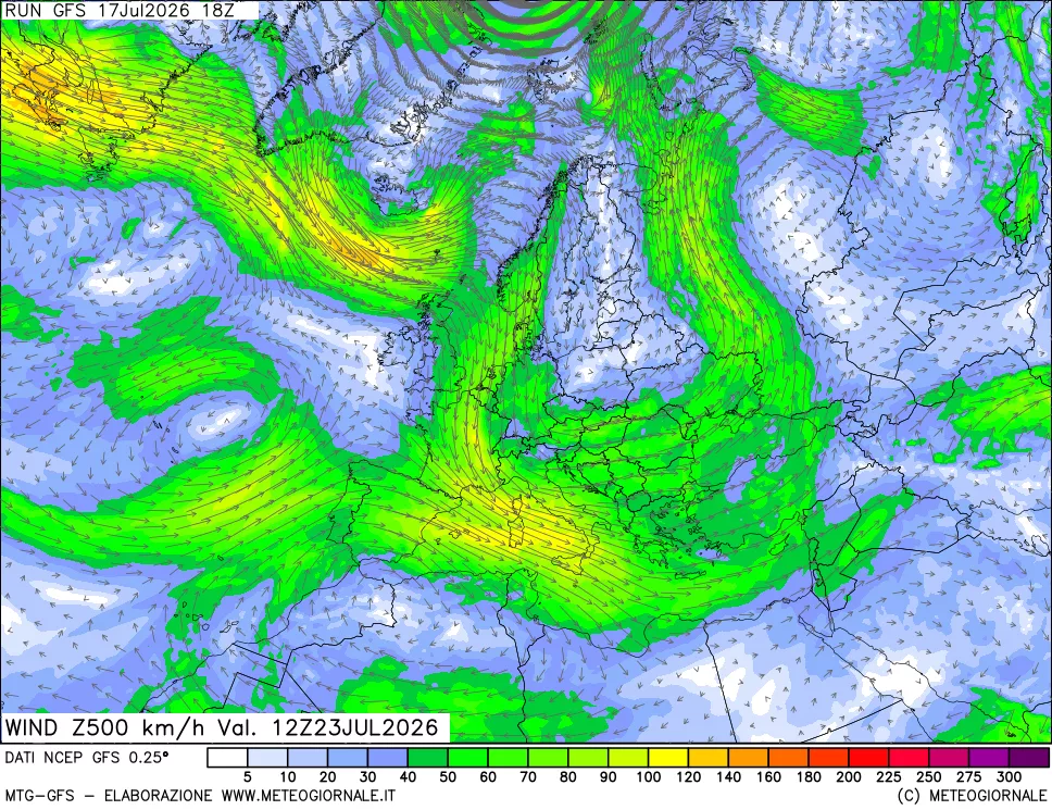 mappa 500 hPa Vento forza e direzione