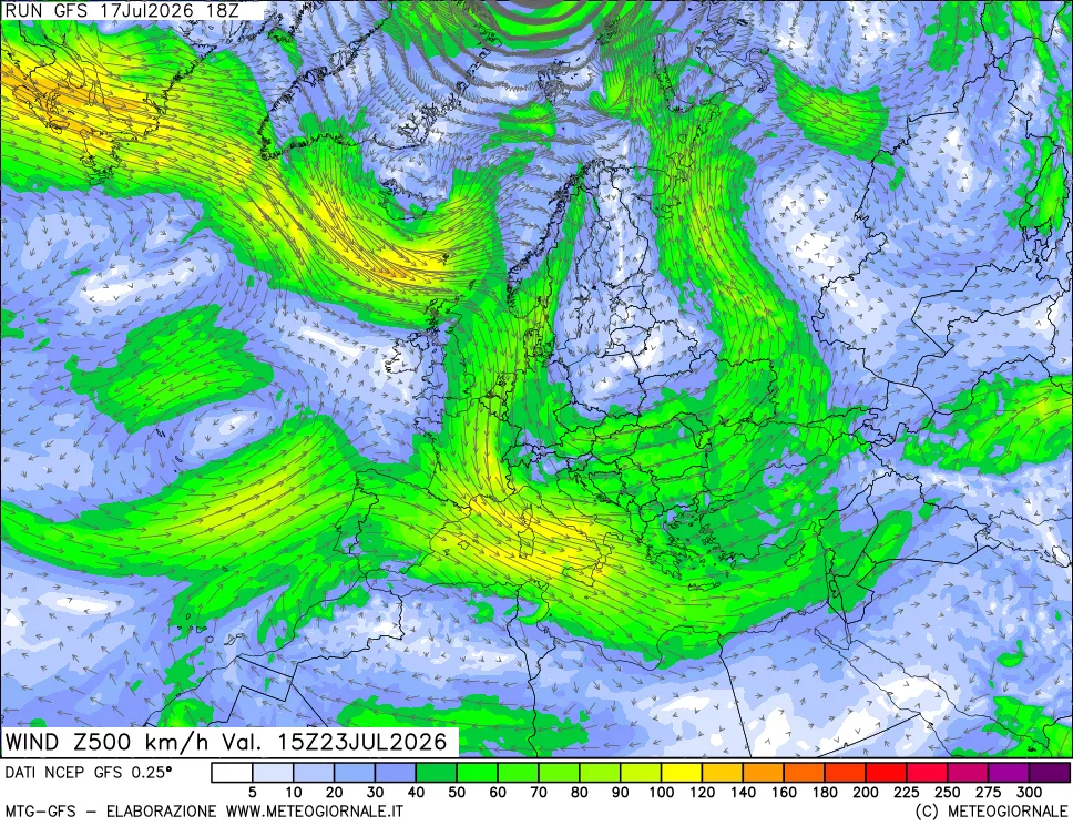mappa 500 hPa Vento forza e direzione