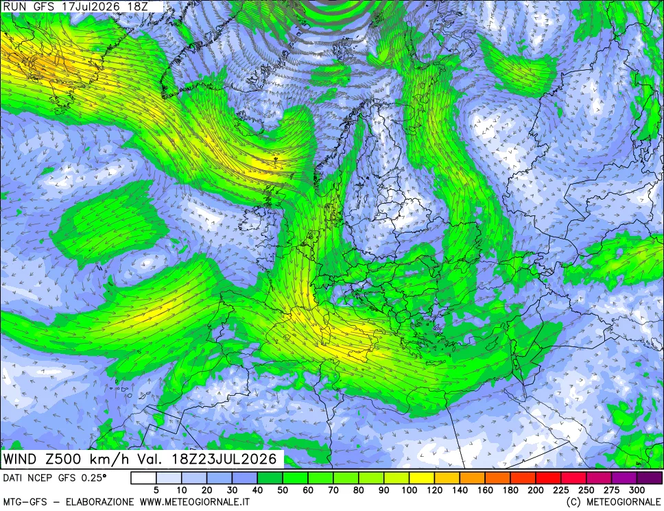 mappa 500 hPa Vento forza e direzione