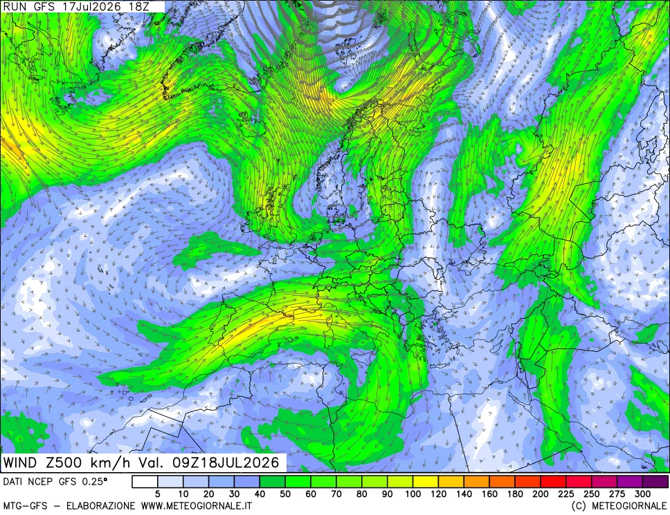 mappa 500 hPa Vento forza e direzione