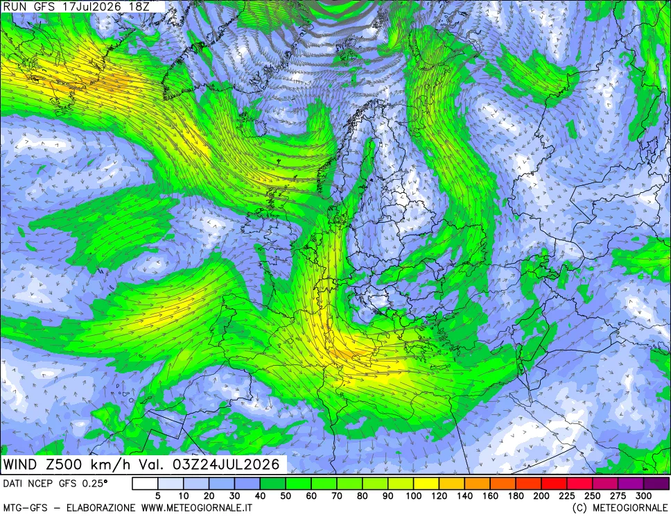mappa 500 hPa Vento forza e direzione