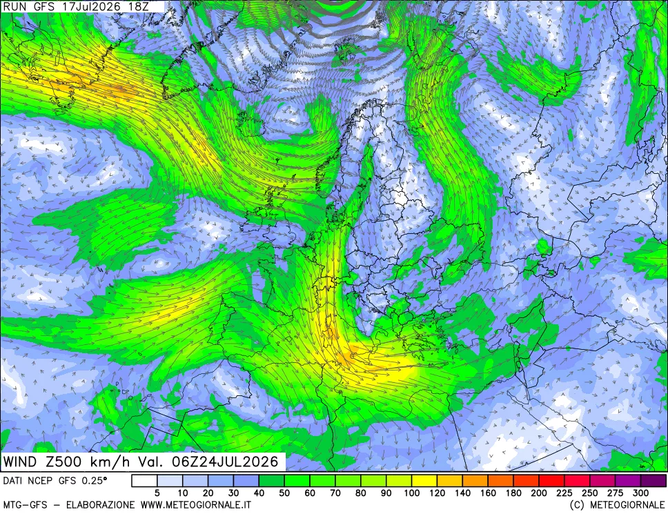 mappa 500 hPa Vento forza e direzione