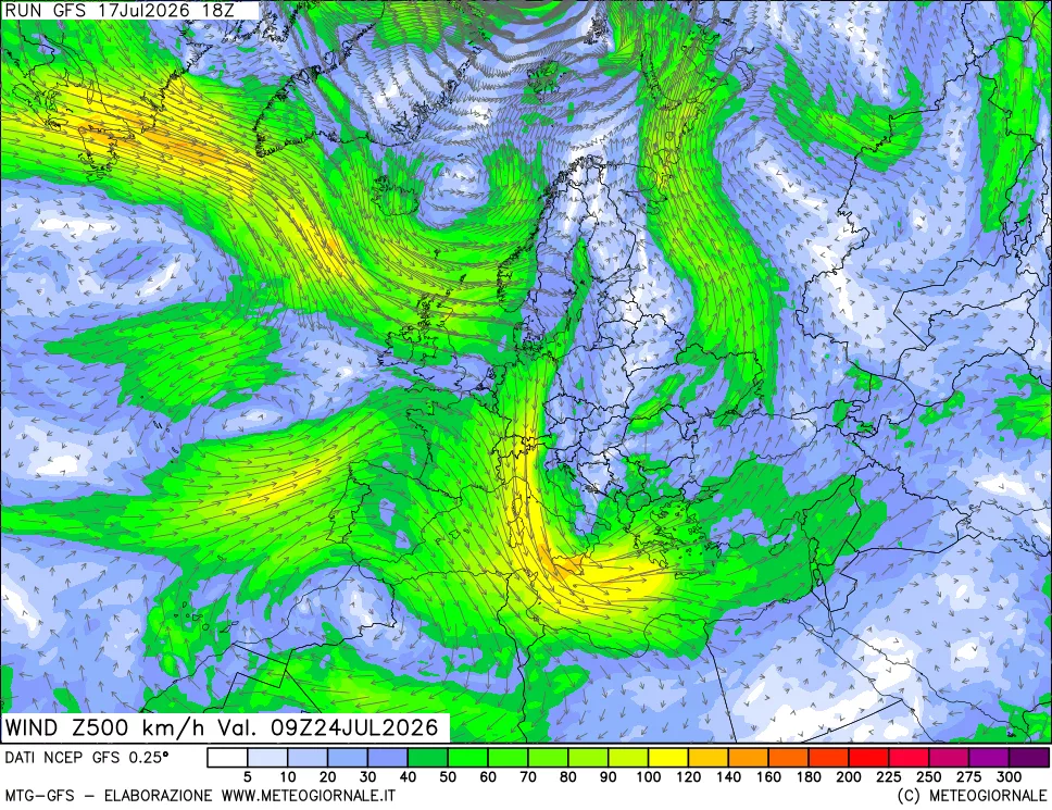 mappa 500 hPa Vento forza e direzione