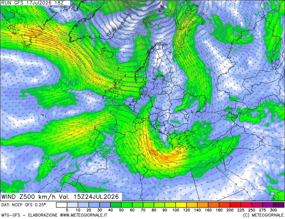 mappa 500 hPa Vento forza e direzione