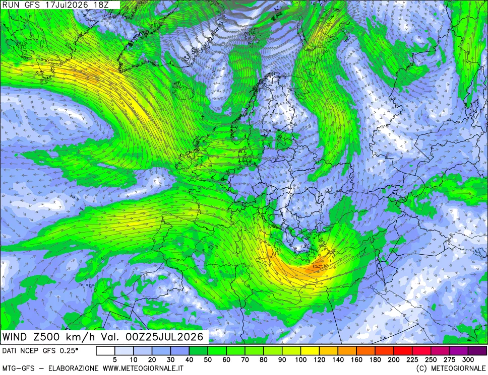 mappa 500 hPa Vento forza e direzione