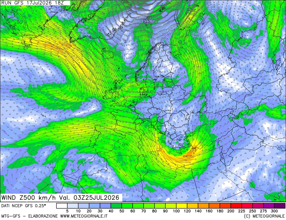 mappa 500 hPa Vento forza e direzione