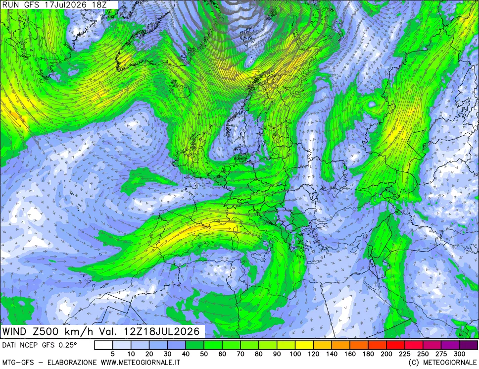 mappa 500 hPa Vento forza e direzione