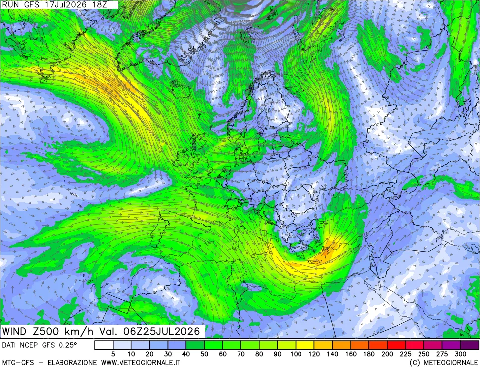 mappa 500 hPa Vento forza e direzione