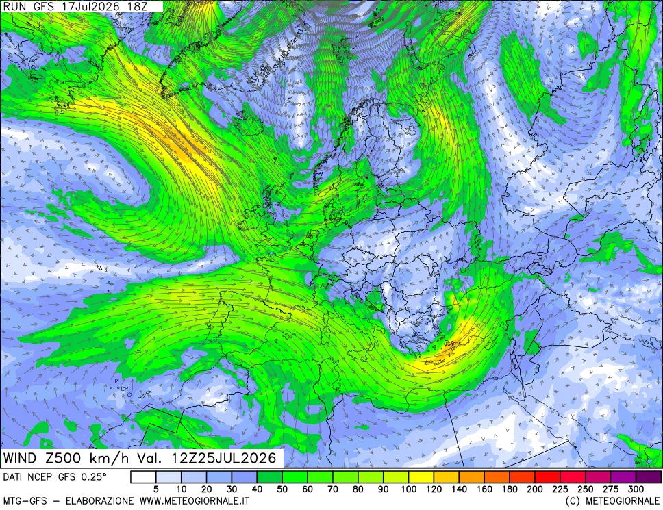 mappa 500 hPa Vento forza e direzione