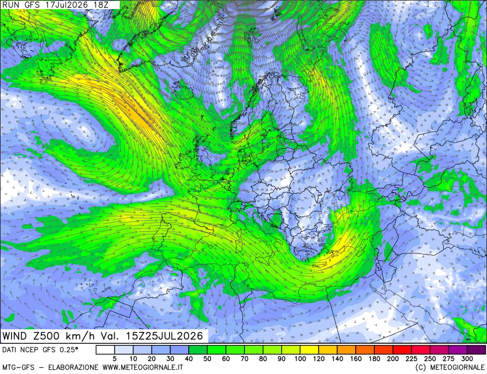 mappa 500 hPa Vento forza e direzione