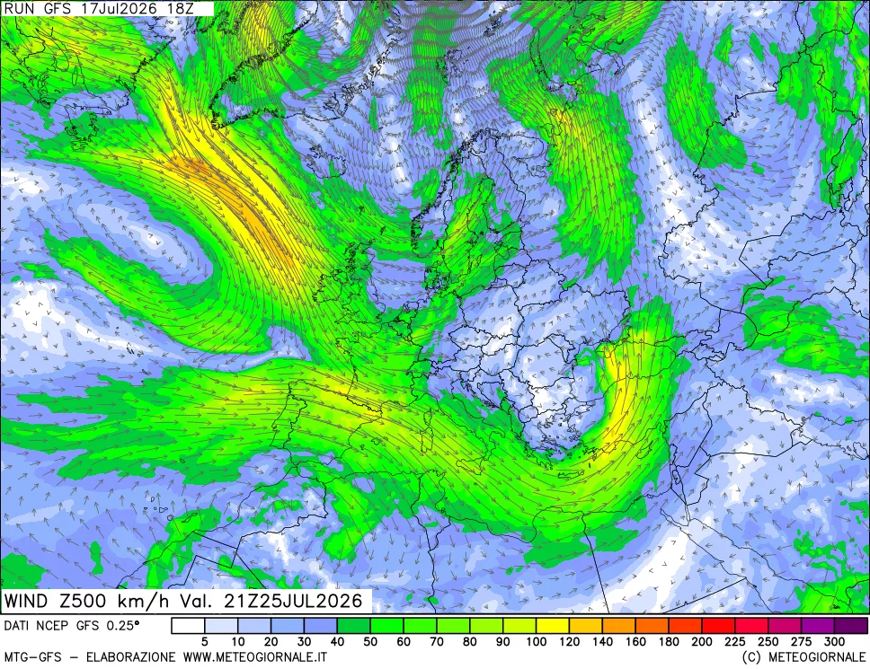 mappa 500 hPa Vento forza e direzione