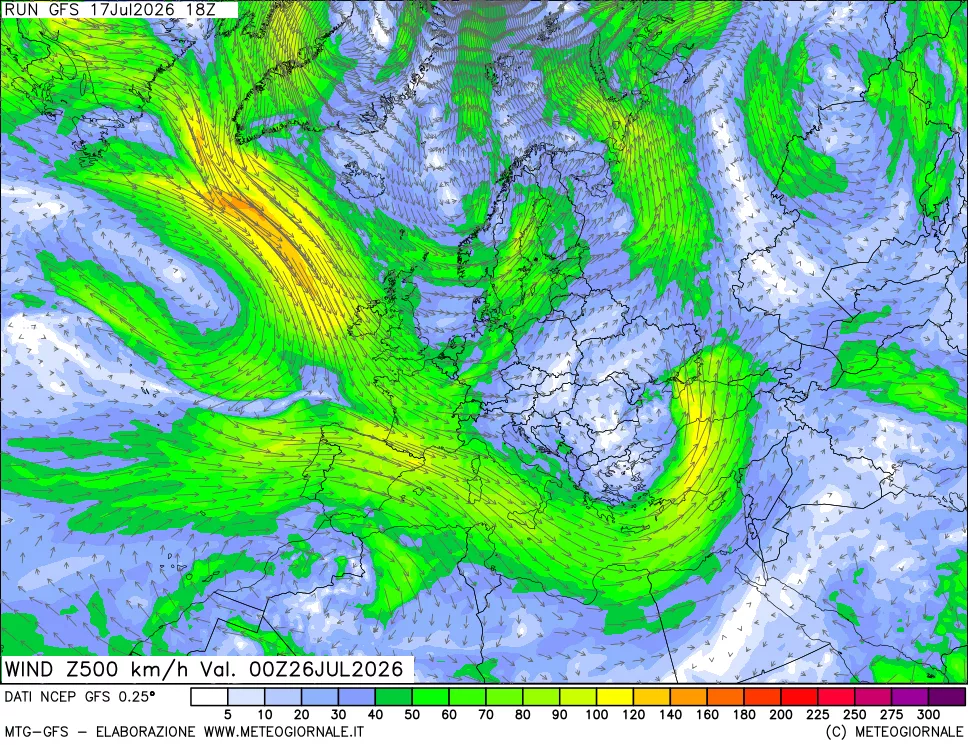 mappa 500 hPa Vento forza e direzione