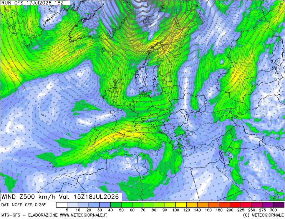mappa 500 hPa Vento forza e direzione