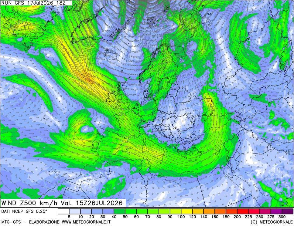 mappa 500 hPa Vento forza e direzione