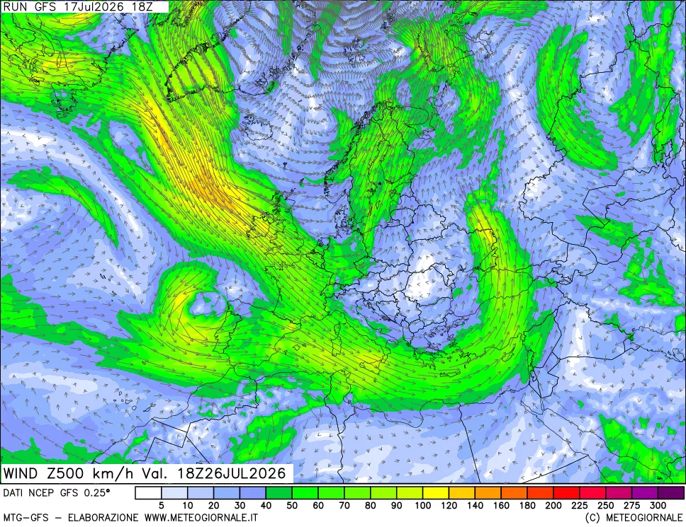 mappa 500 hPa Vento forza e direzione