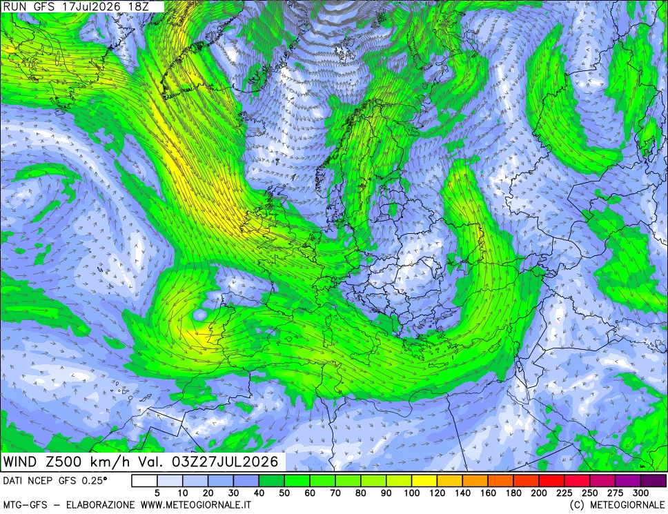 mappa 500 hPa Vento forza e direzione