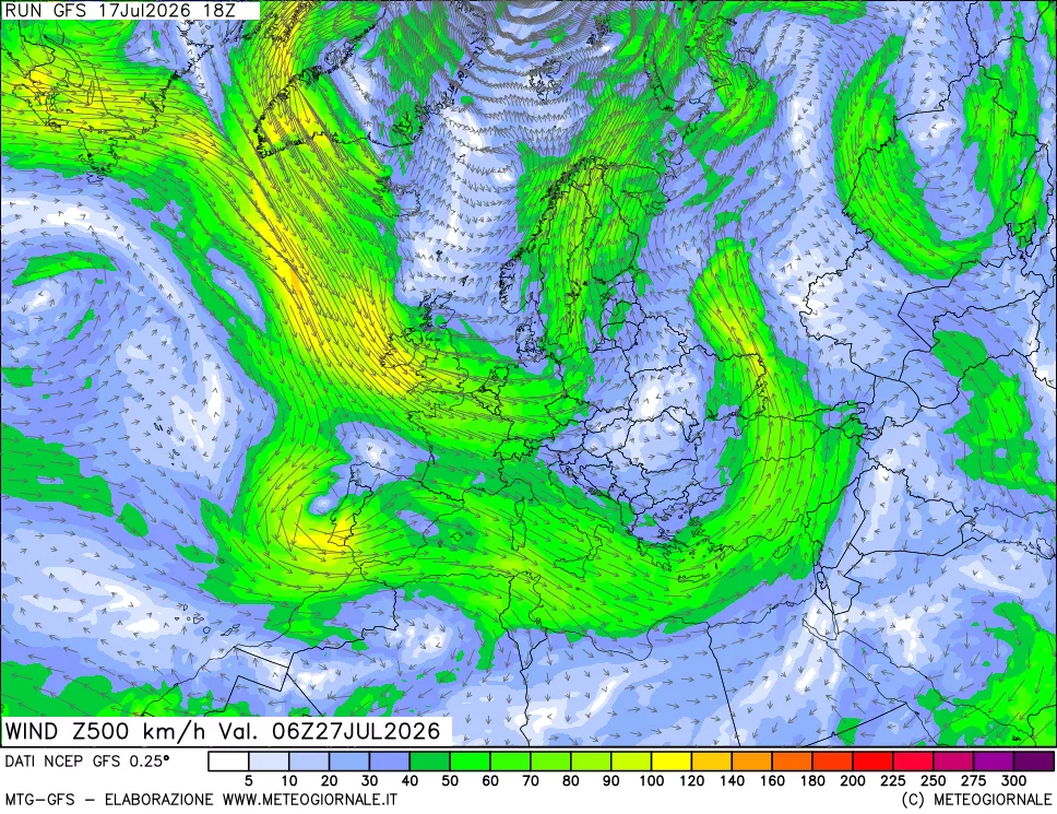 mappa 500 hPa Vento forza e direzione
