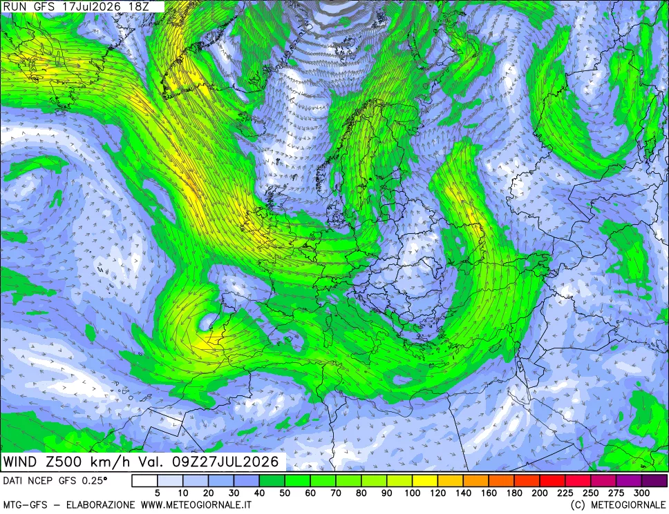 mappa 500 hPa Vento forza e direzione