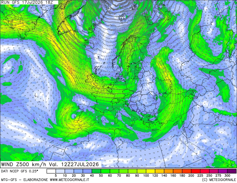 mappa 500 hPa Vento forza e direzione