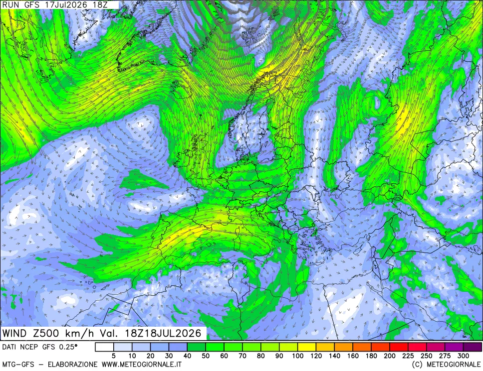 mappa 500 hPa Vento forza e direzione