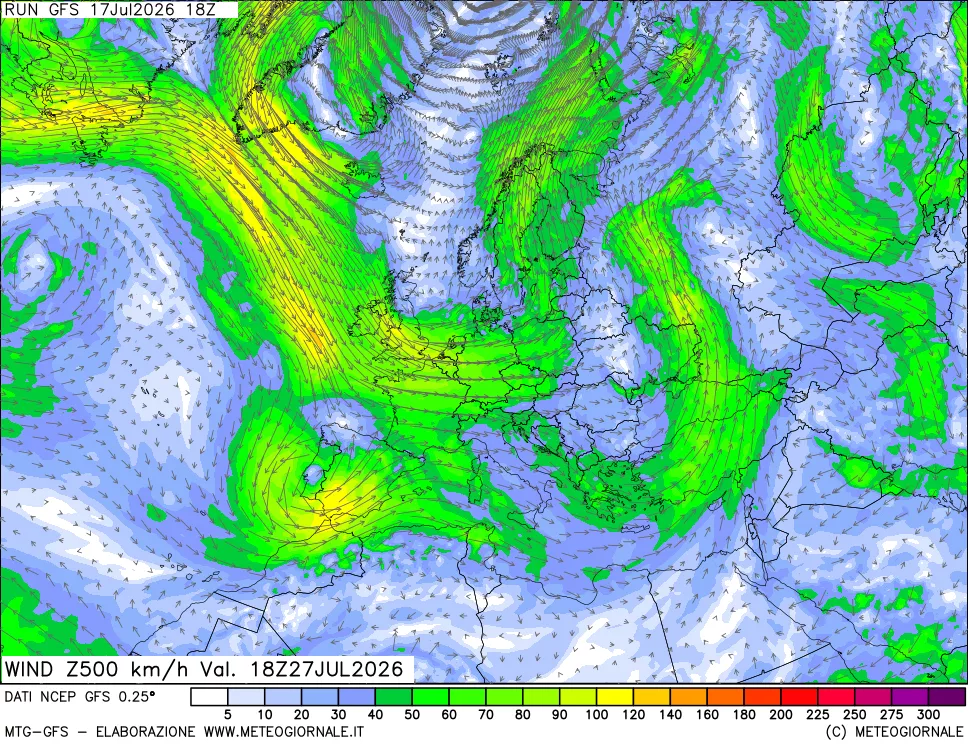 mappa 500 hPa Vento forza e direzione