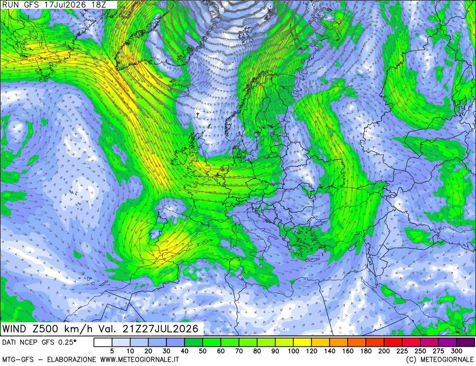 mappa 500 hPa Vento forza e direzione