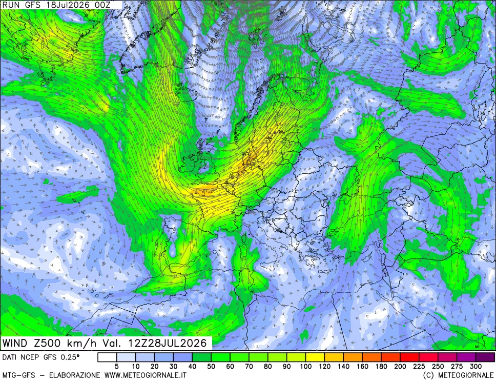 mappa 500 hPa Vento forza e direzione