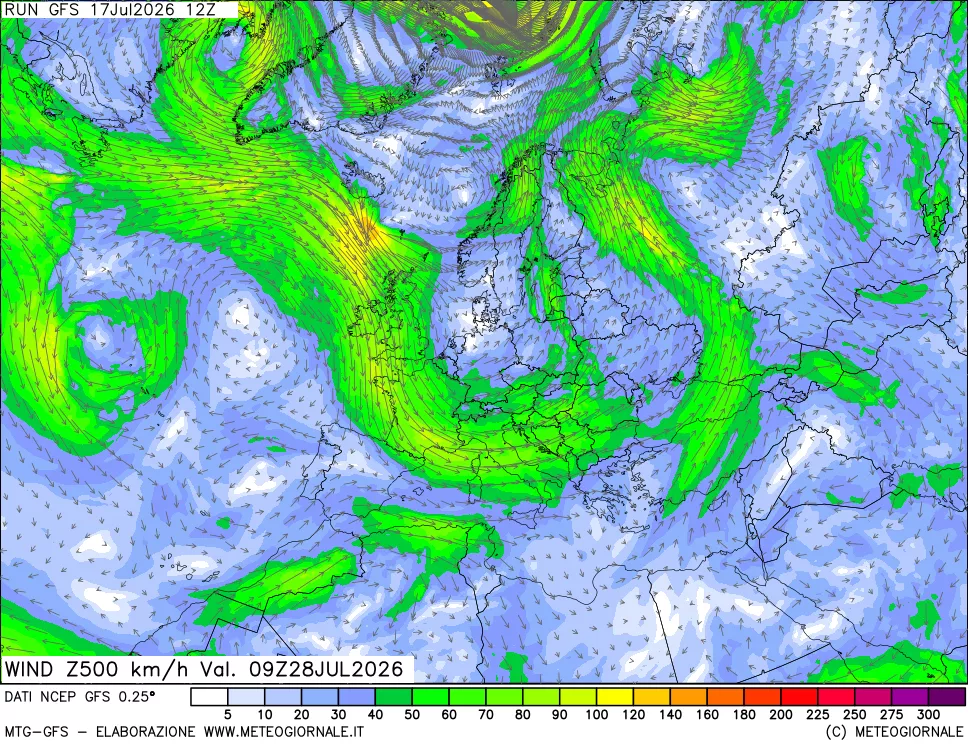 mappa 500 hPa Vento forza e direzione