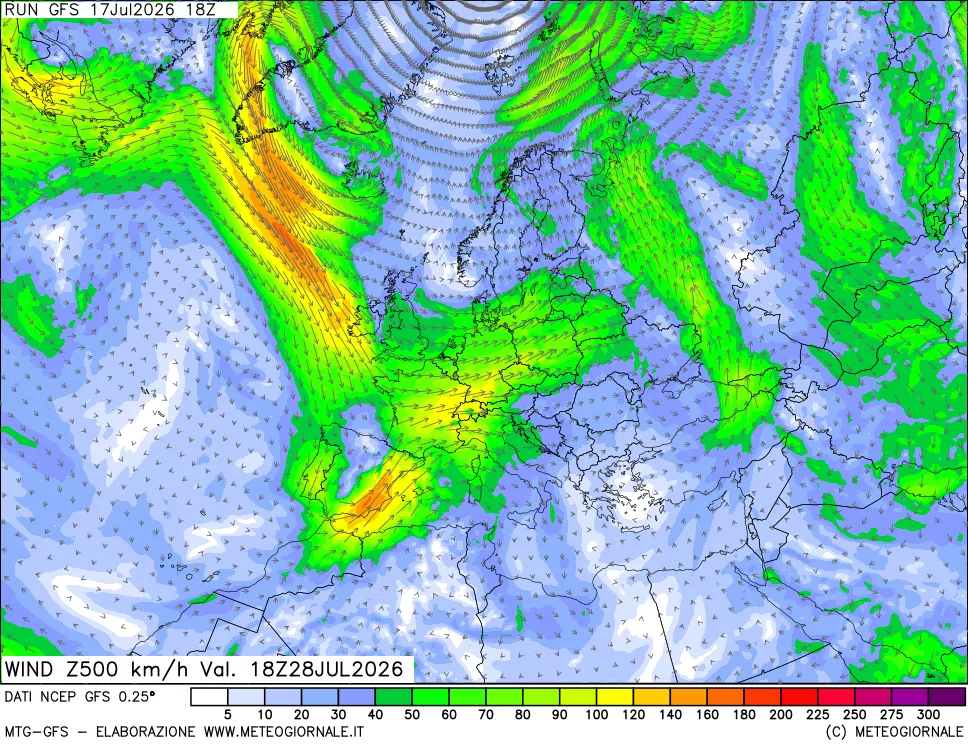 mappa 500 hPa Vento forza e direzione