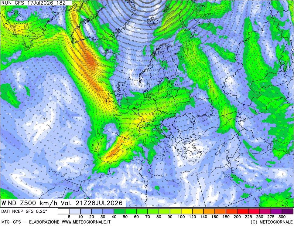 mappa 500 hPa Vento forza e direzione