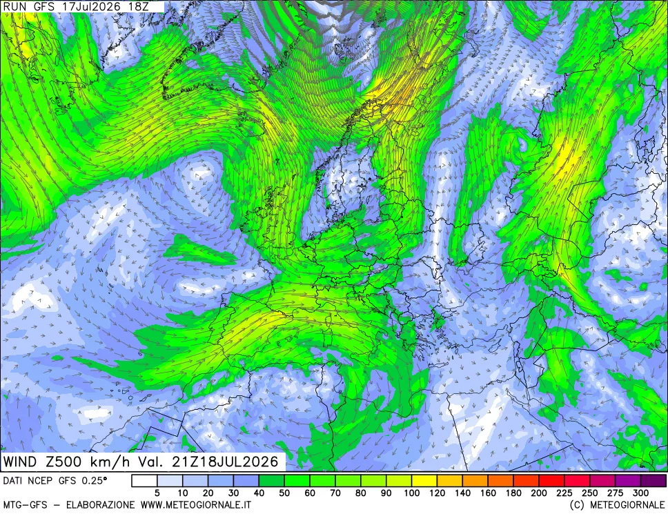 mappa 500 hPa Vento forza e direzione