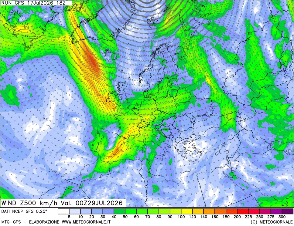 mappa 500 hPa Vento forza e direzione