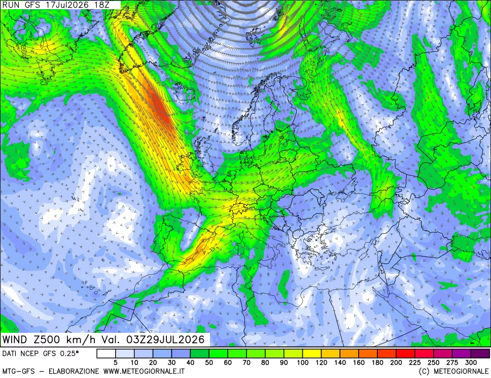 mappa 500 hPa Vento forza e direzione