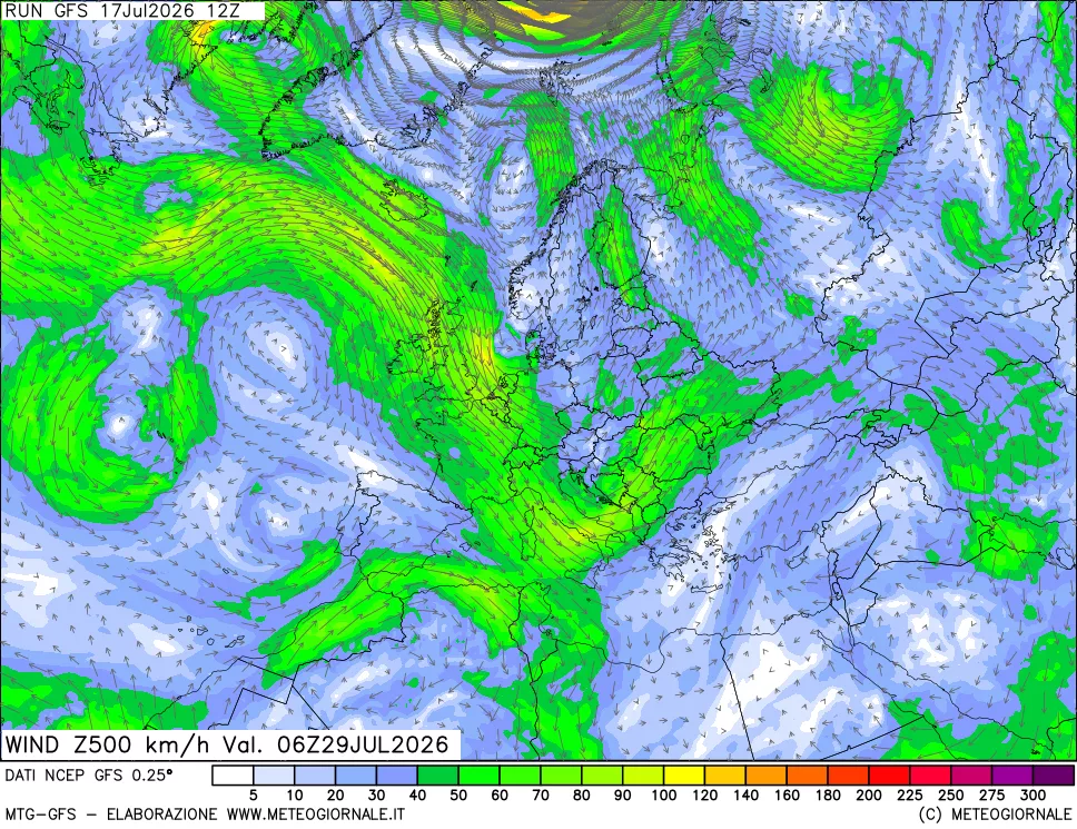 mappa 500 hPa Vento forza e direzione