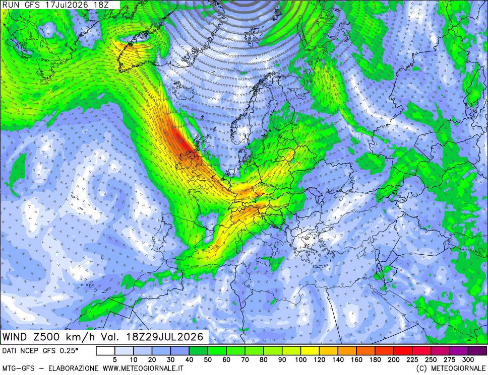 mappa 500 hPa Vento forza e direzione