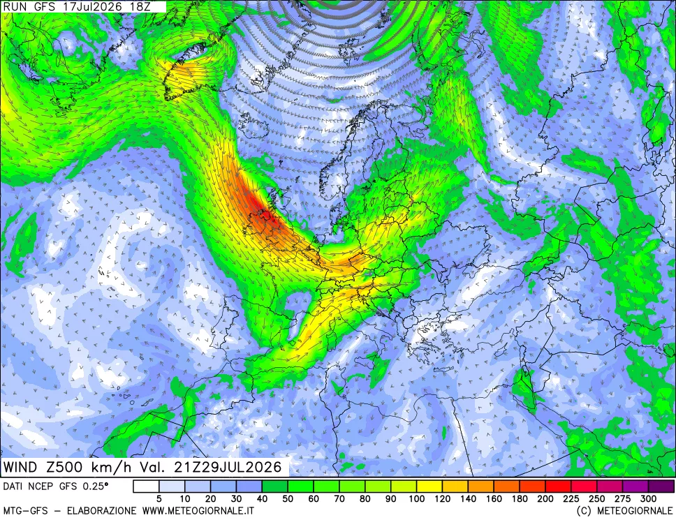 mappa 500 hPa Vento forza e direzione