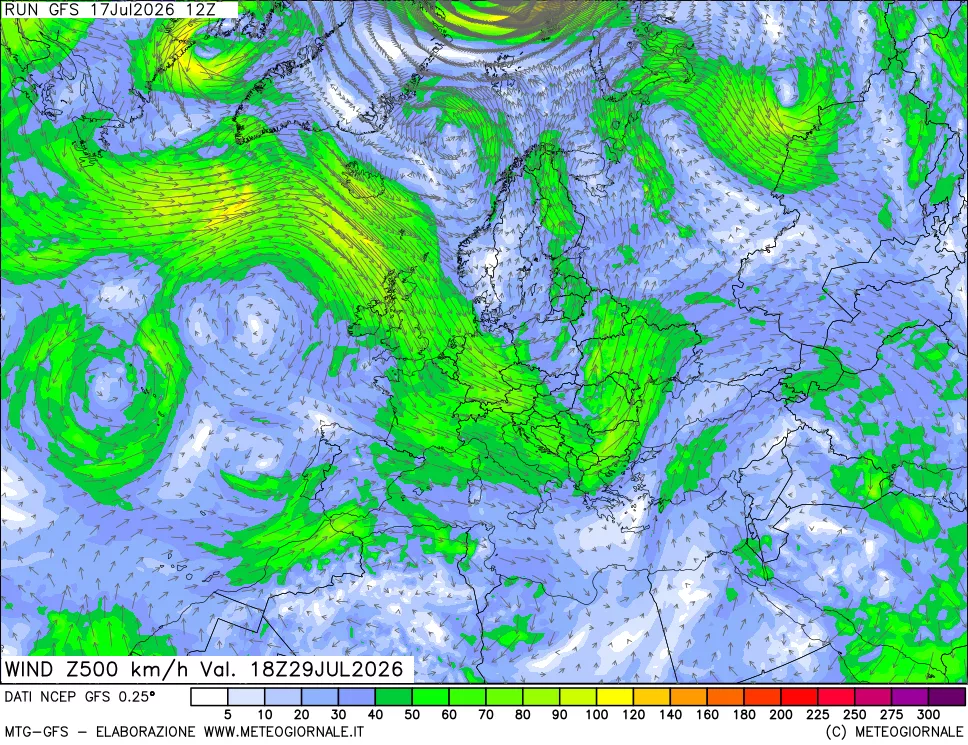 mappa 500 hPa Vento forza e direzione