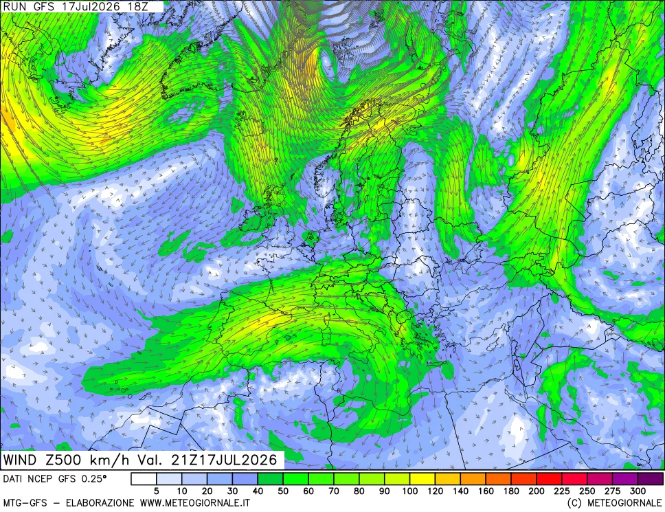mappa 500 hPa Vento forza e direzione