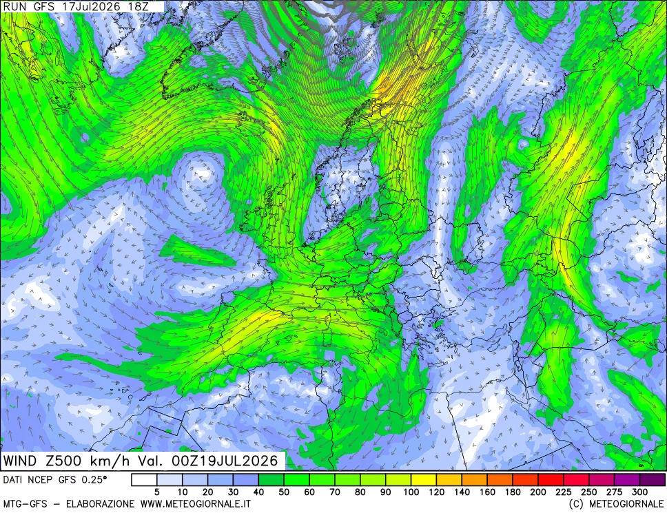 mappa 500 hPa Vento forza e direzione