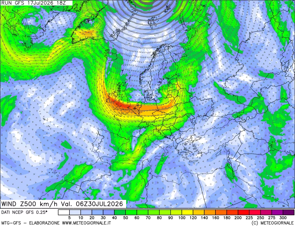 mappa 500 hPa Vento forza e direzione