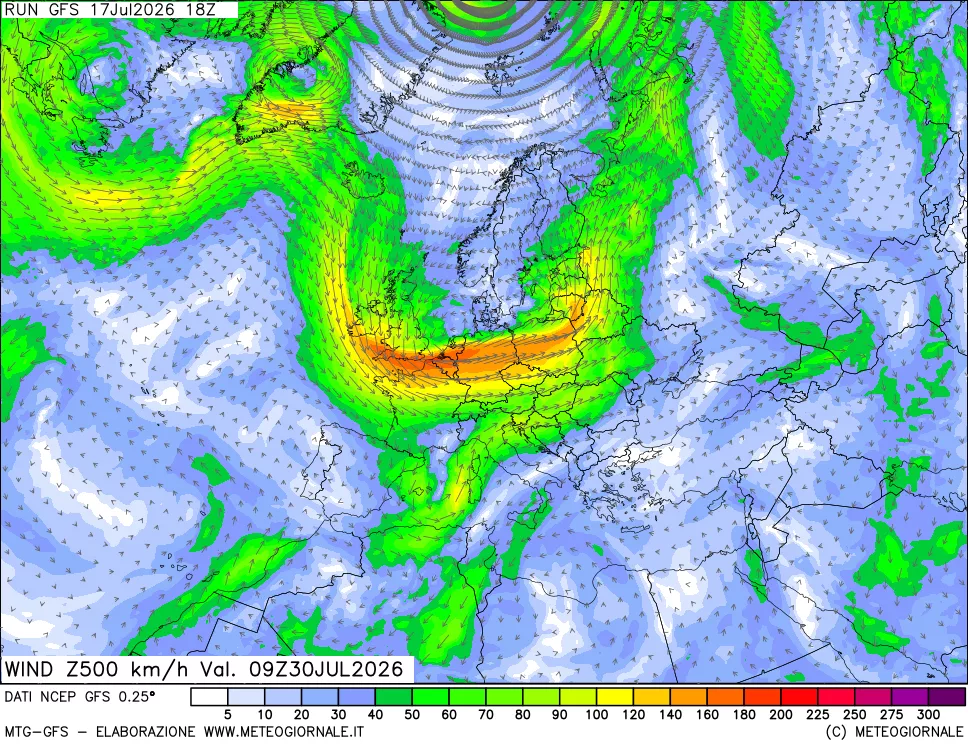 mappa 500 hPa Vento forza e direzione