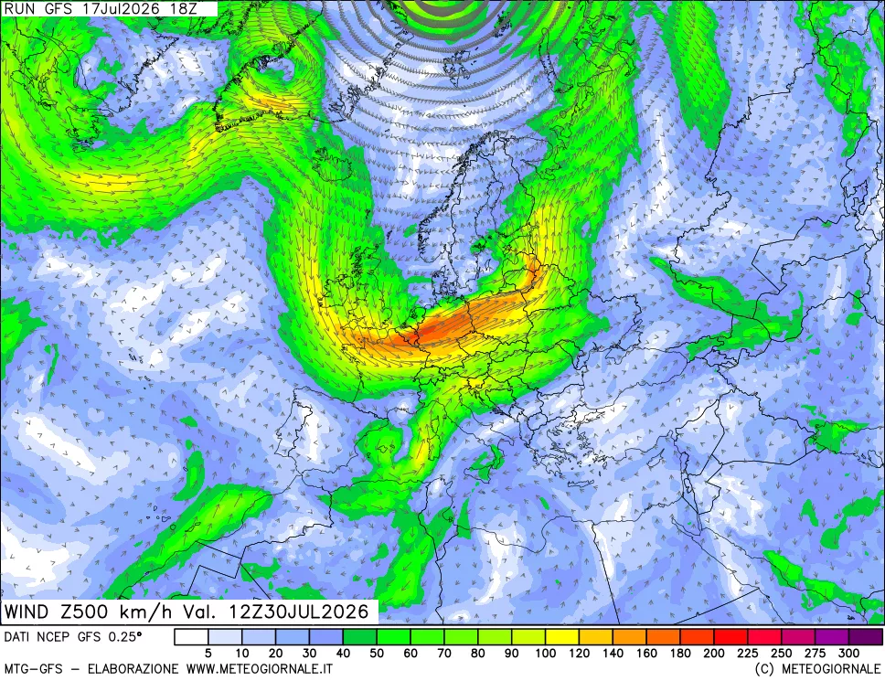 mappa 500 hPa Vento forza e direzione