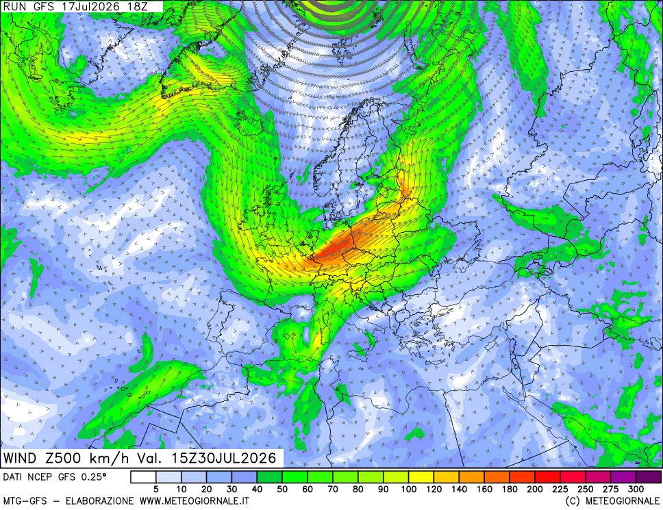 mappa 500 hPa Vento forza e direzione