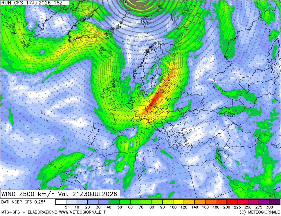 mappa 500 hPa Vento forza e direzione