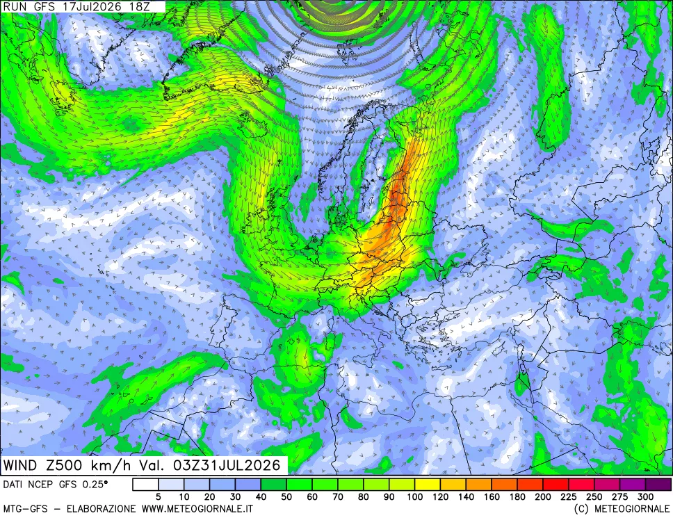 mappa 500 hPa Vento forza e direzione