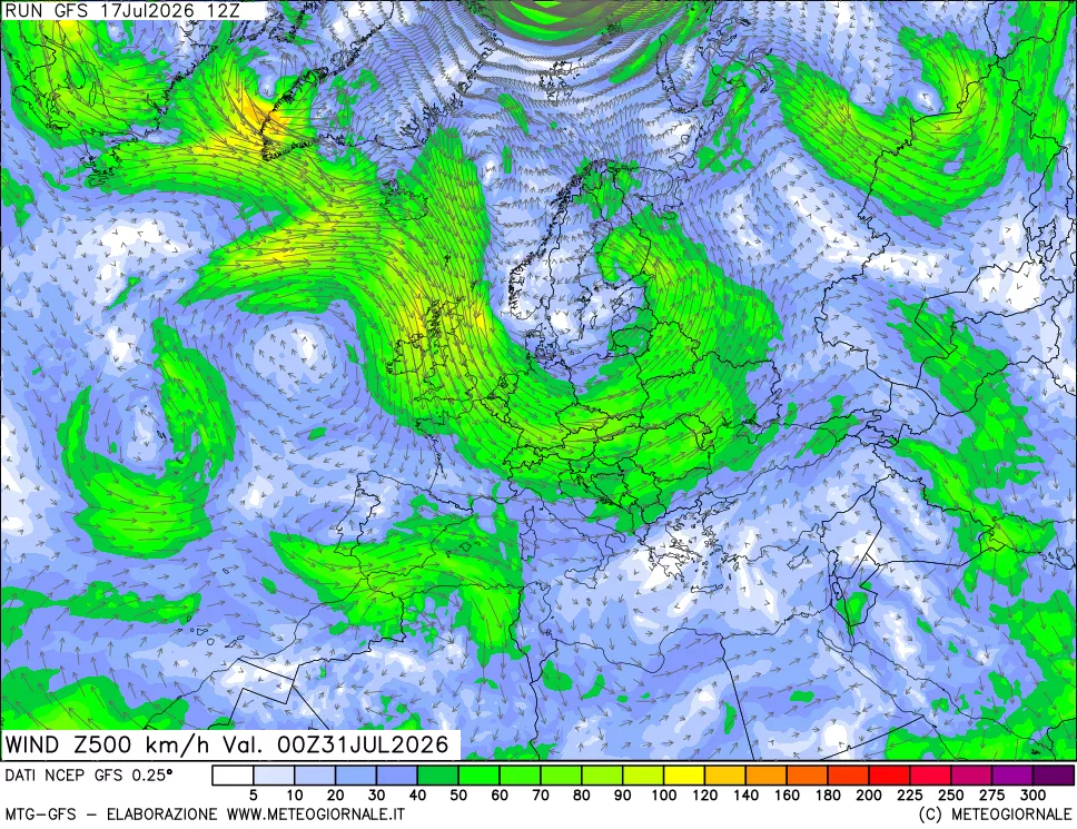 mappa 500 hPa Vento forza e direzione
