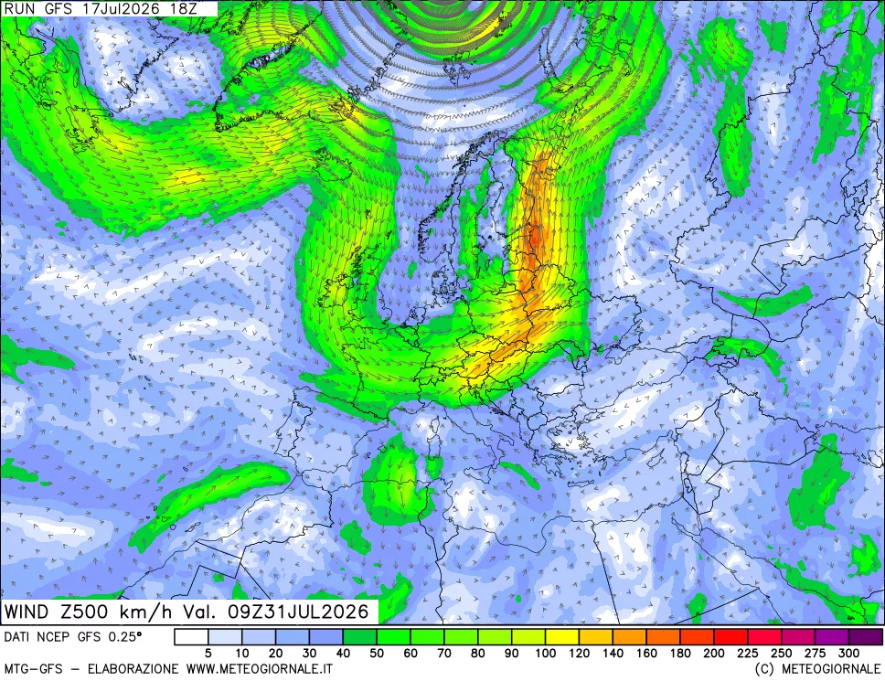 mappa 500 hPa Vento forza e direzione