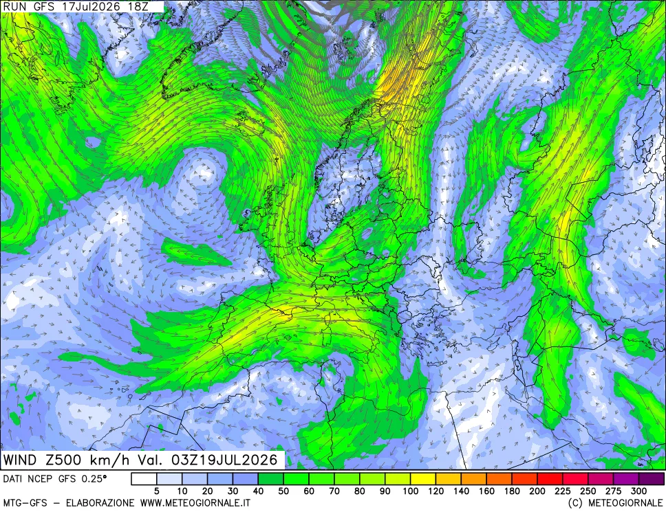 mappa 500 hPa Vento forza e direzione